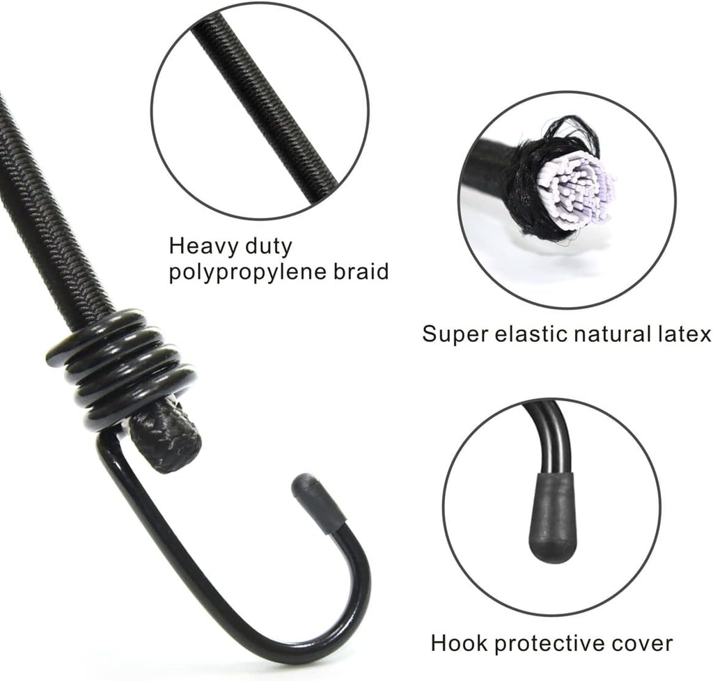 BEXSLE Bungee Cords with Hooks, Heavy Duty Outdoor Elastic Bungee Straps，No Odour Industrial Grade Bungee Rope for Securing Tarps, Luggage, Tents, Bikes or Garden Tidying 24inch 4Pcs (Black)