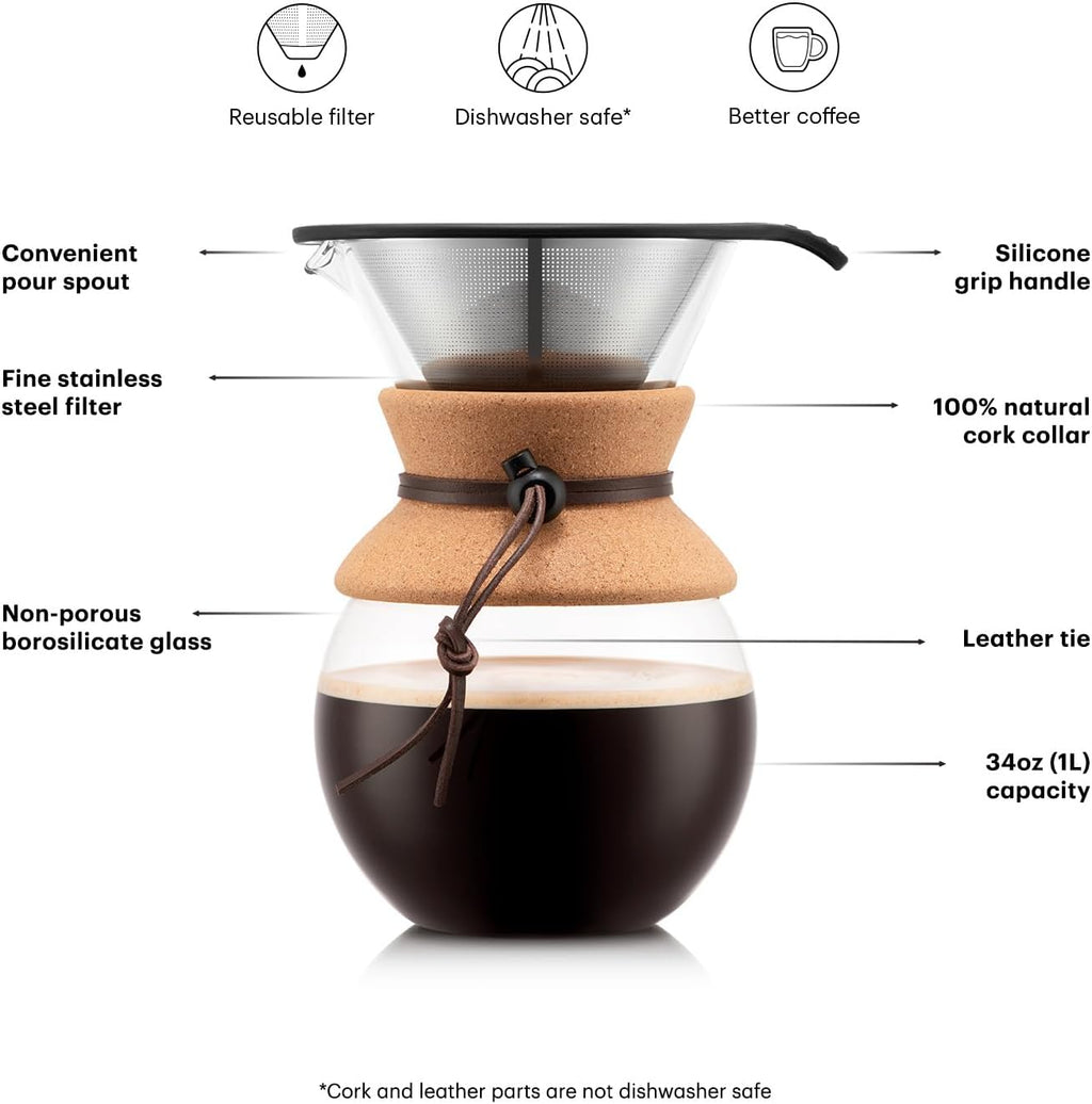 Bodum 34oz Pour Over Coffee Maker, High-Heat Borosilicate Glass with Reusable Stainless Steel Filter and Cork Grip - Made in Portugal