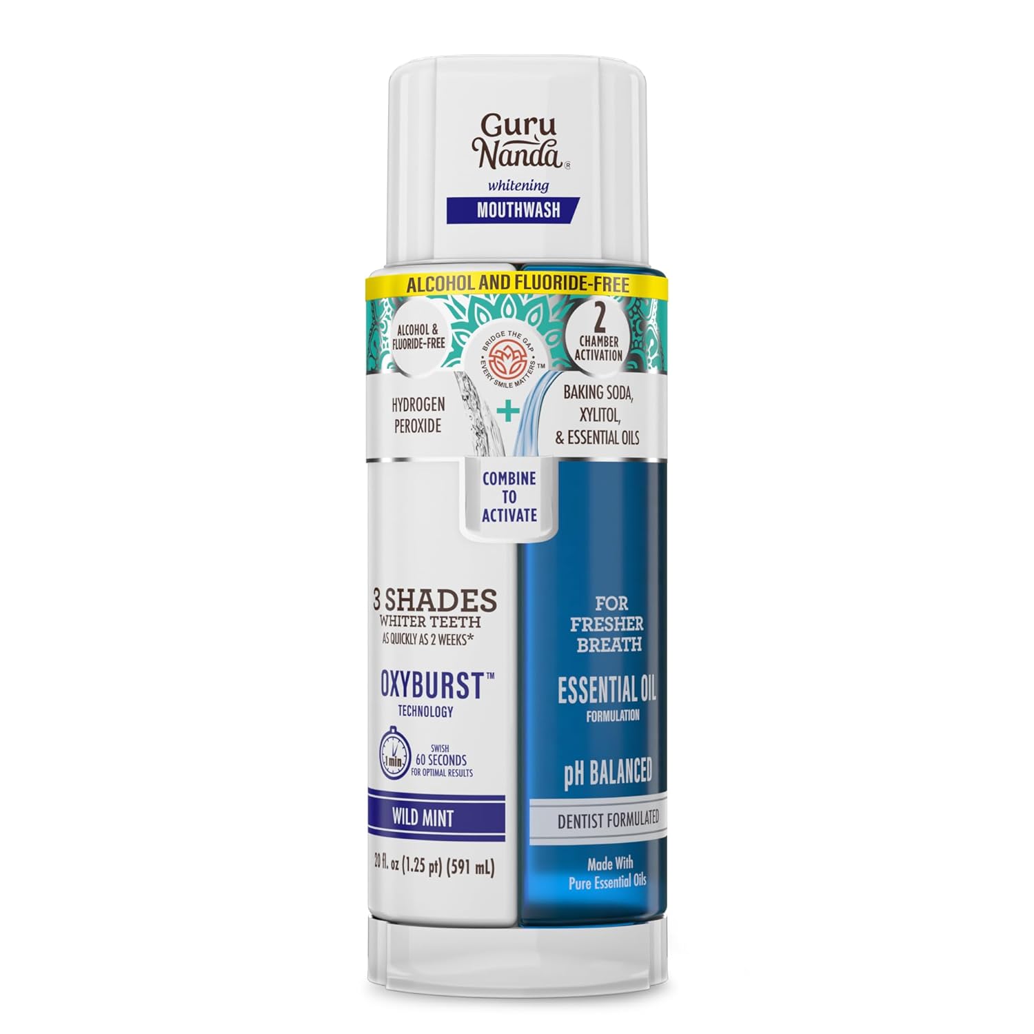 GuruNanda Teeth Whitening Dual Barrel Oxyburst Mouthwash - Alcohol & Fluoride Free, Hydrogen Peroxide to Promote Whiter Teeth - Wild Mint - 20 Fl Oz