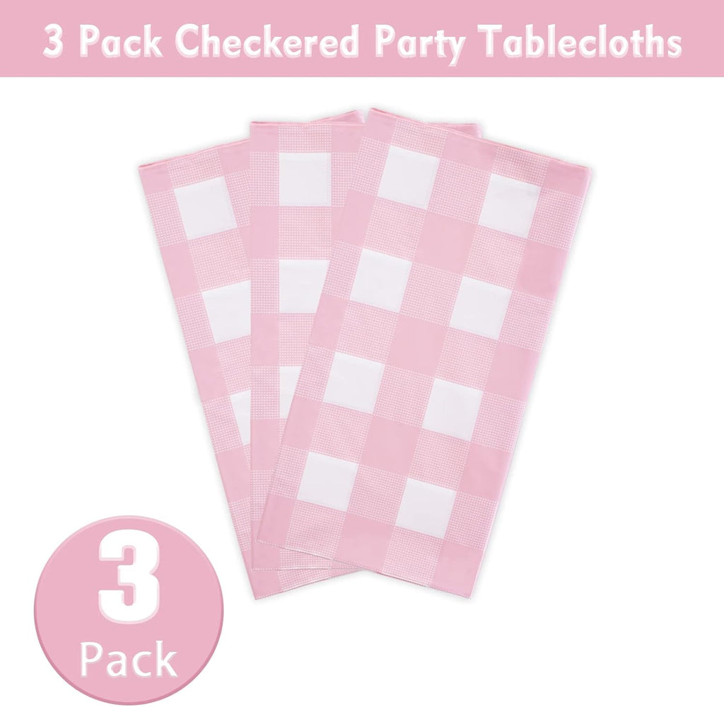 Kesfey 3 Packs Pink Gingham Tablecloth Pink and White Checkered Tablecloths 54 x 108 Inches Disposable Plastic Gingham Tablecovers Waterproof Rectangle Picnic Table Covers for Birthday Party Supplies