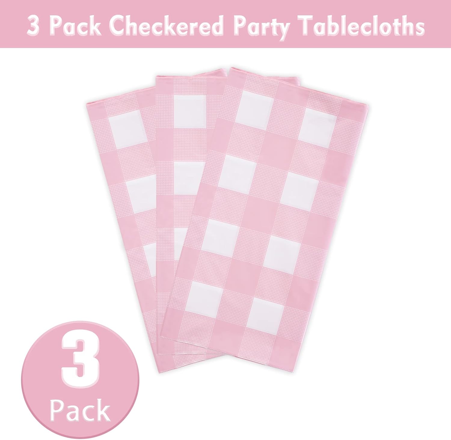 Kesfey 3 Packs Pink Gingham Tablecloth Pink and White Checkered Tablecloths 54 x 108 Inches Disposable Plastic Gingham Tablecovers Waterproof Rectangle Picnic Table Covers for Birthday Party Supplies