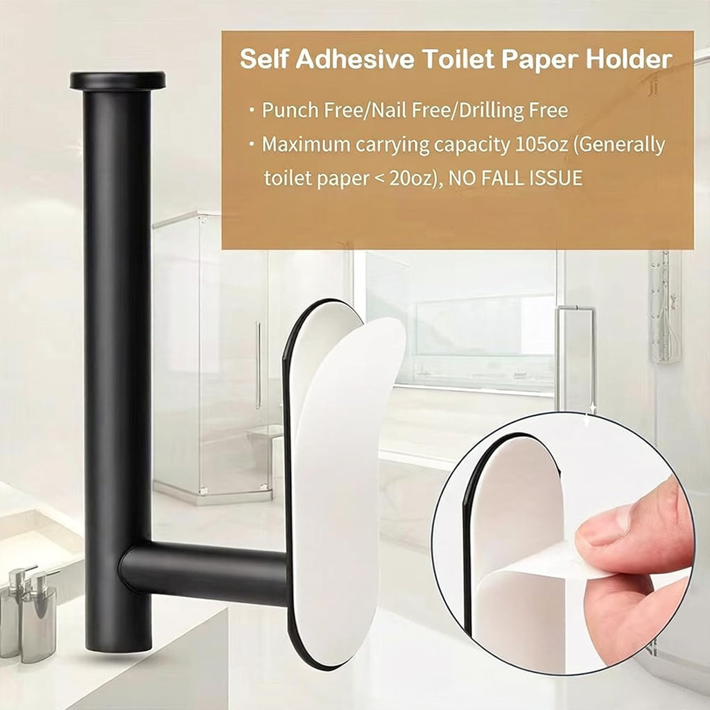 OPOFI Toilet Paper Holder - Self Adhesive Toilet Paper Holder Wall Mount for Bathroom, SUS 304 Stainless Steel Command Strip Toilet Paper Roll Holder Stick On Wall, No Drilling - Matte Black