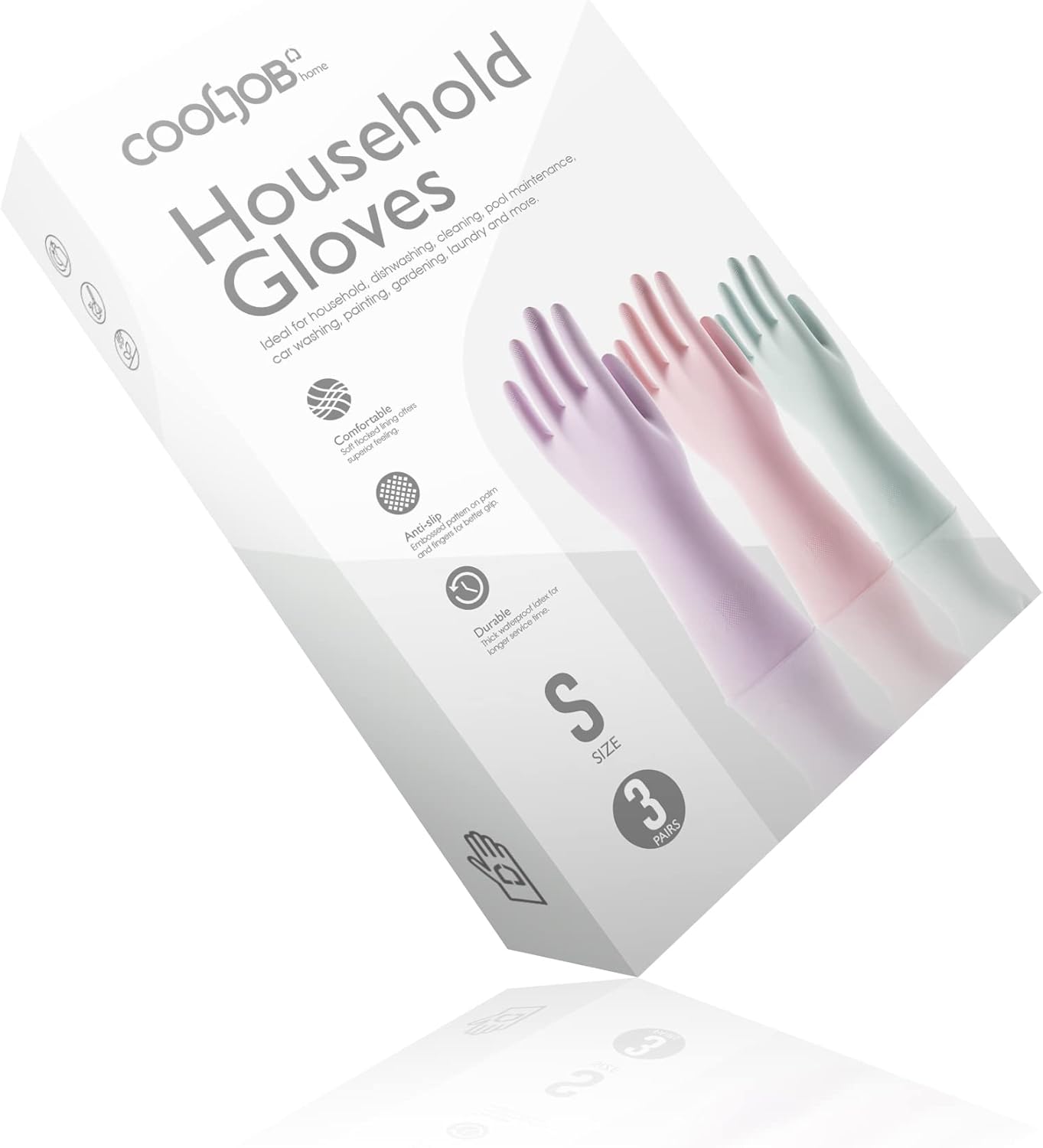 COOLJOB 3 Pairs Colorful Household Gloves with Cotton Liner & Non-slip Grip, Water Resistant Reusable Dish Washing Rubber Gloves for Kitchen & Bathroom Cleaning, Small