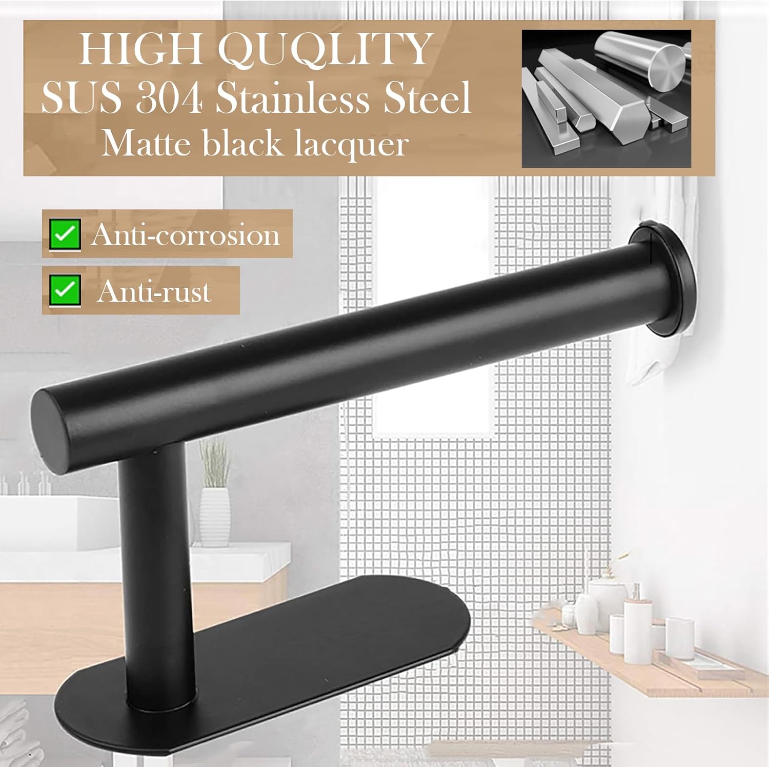 OPOFI Toilet Paper Holder - Self Adhesive Toilet Paper Holder Wall Mount for Bathroom, SUS 304 Stainless Steel Command Strip Toilet Paper Roll Holder Stick On Wall, No Drilling - Matte Black