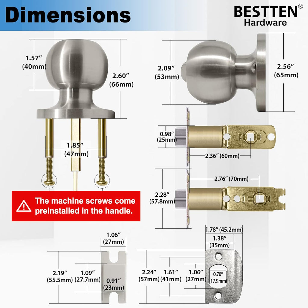 BESTTEN Keyed Entry Door Knob with Lock, Heavy Duty Interior and Exterior Door Lock, Standard Ball, Satin Nickel