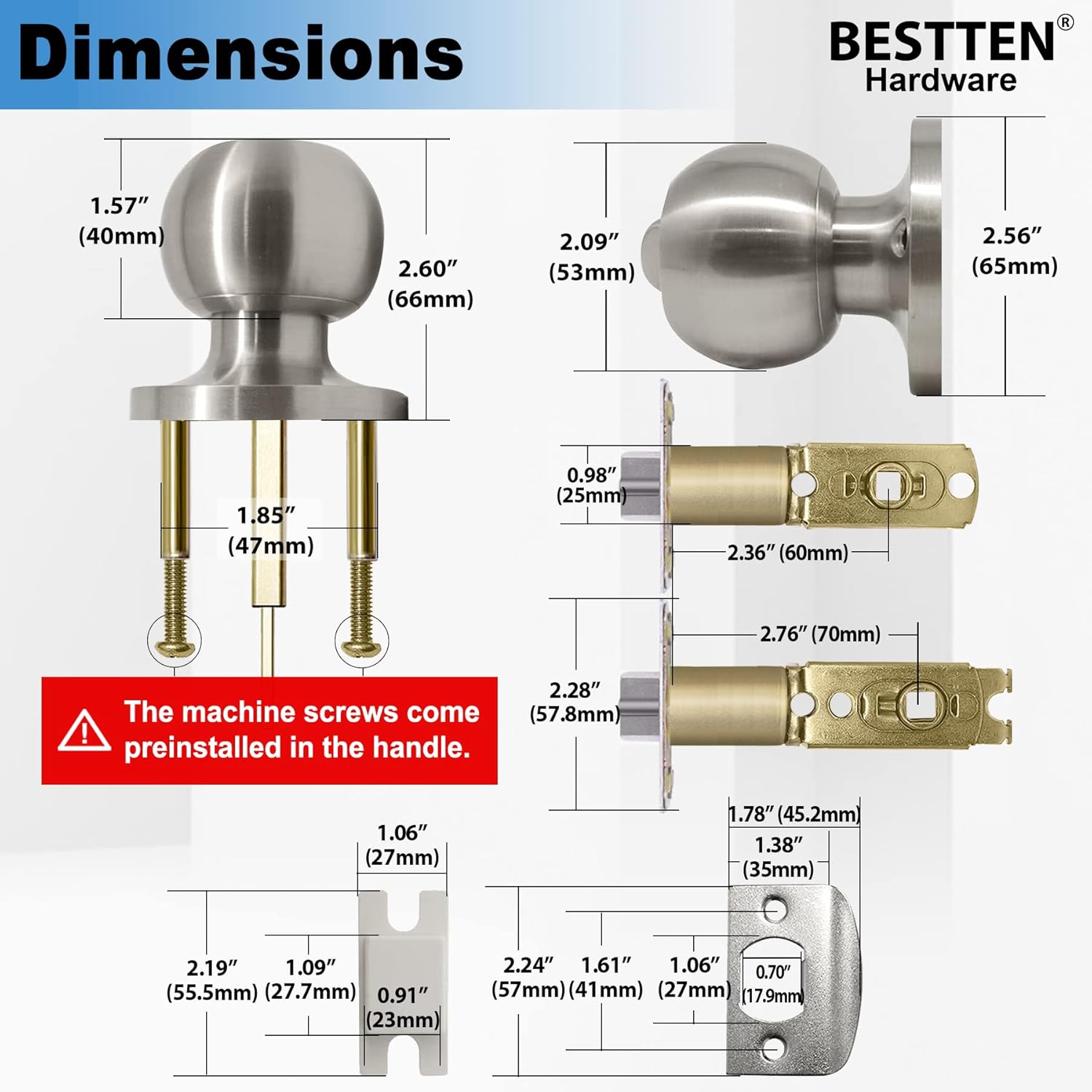 BESTTEN Keyed Entry Door Knob with Lock, Heavy Duty Interior and Exterior Door Lock, Standard Ball, Satin Nickel