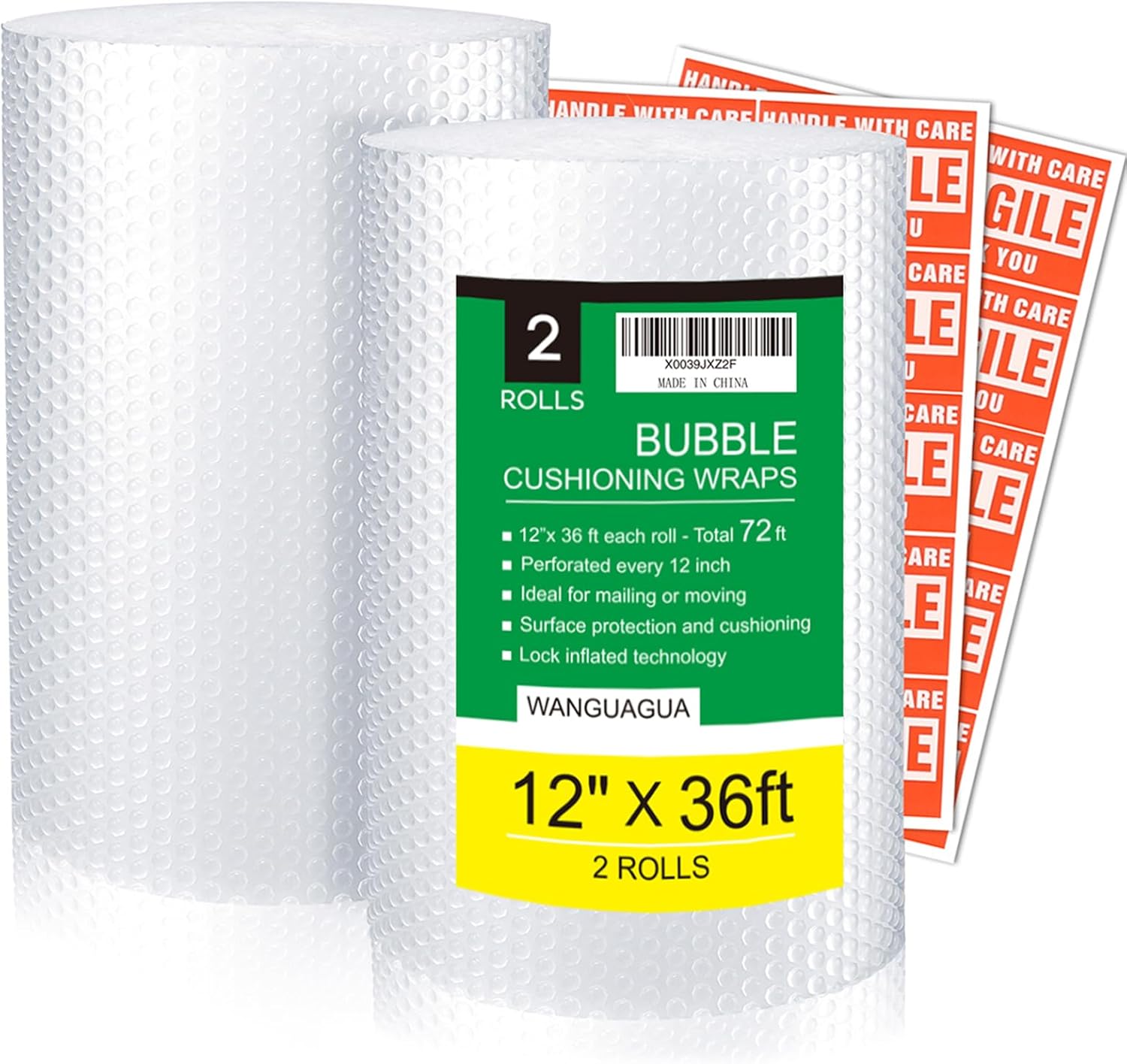 wanguagua 2 Pack 12 Inch x 72 ft Total Bubble Packing Wrap for Moving Boxes Shipping Cushioning Supplies Perforated Every 12”