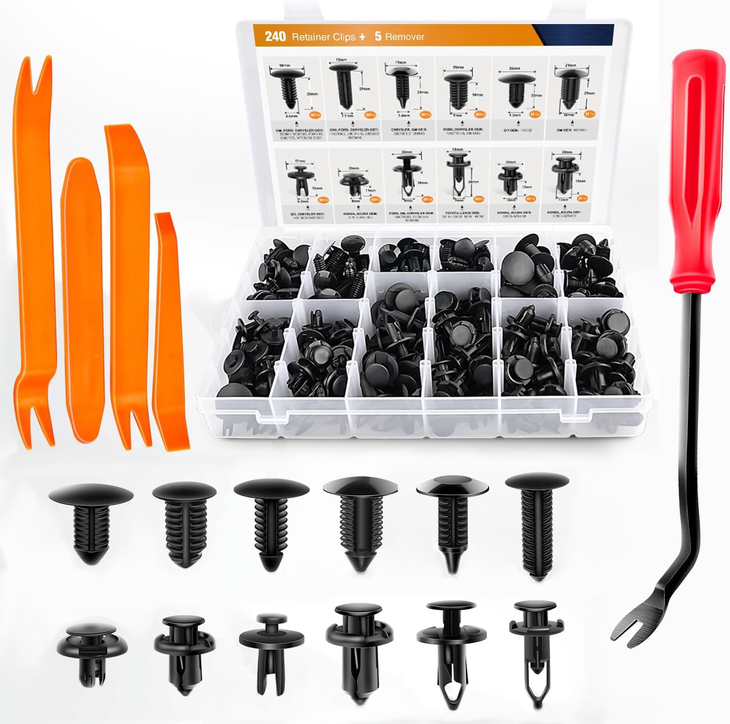 GOOACC 240PCS Bumper Retainer Clips Car Plastic Rivets Fasteners Push Retainer Kit 12 Popular Sizes Auto Push Pin Rivets Set -Door Trim Panel Fender Clips for GM Ford Toyota Honda Chrysler