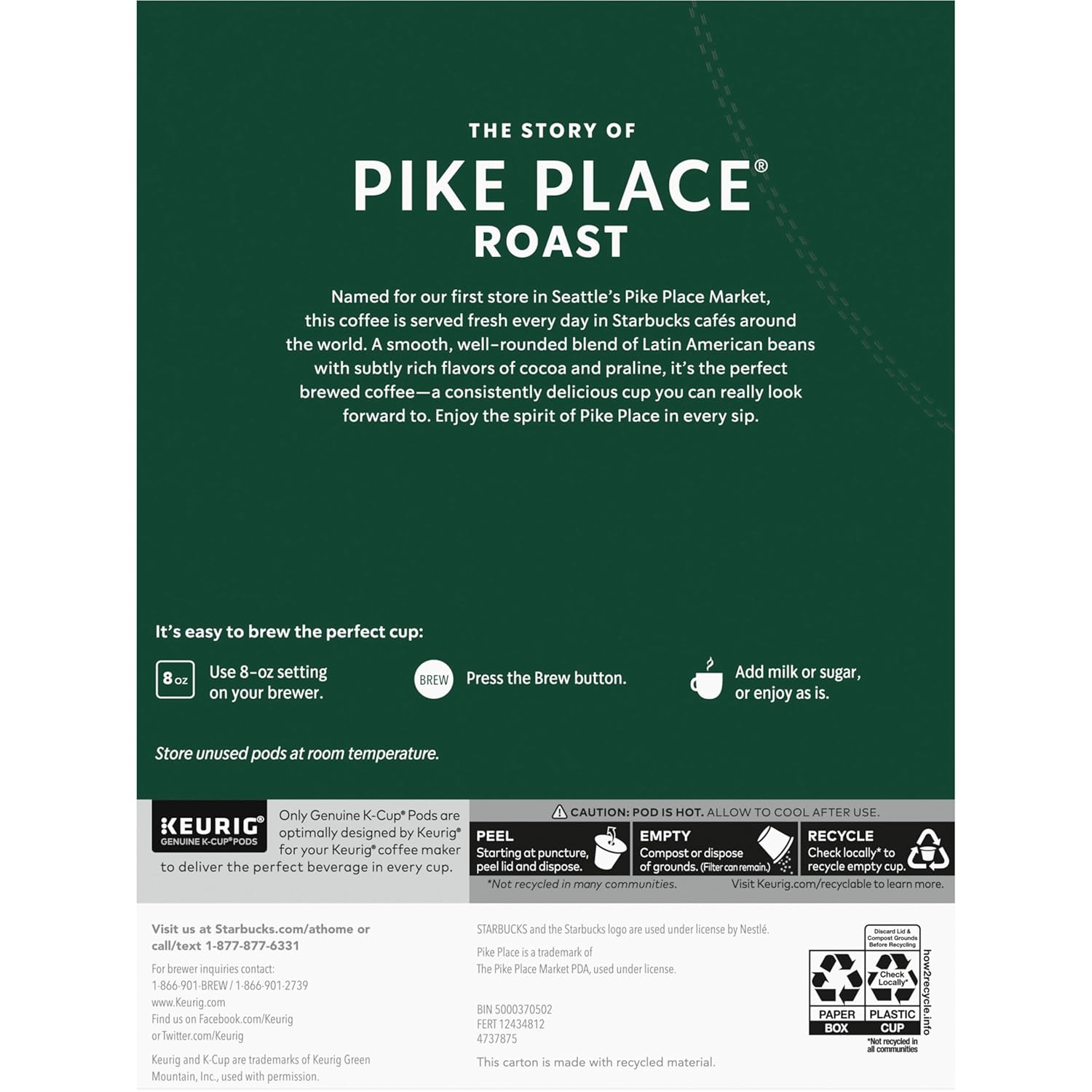 Starbucks K-Cup Coffee Pods, Medium Roast Hot or Iced Coffee, Pike Place Roast, 96 Keurig Pods