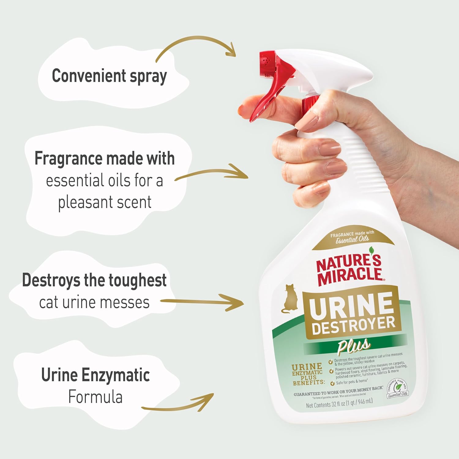 Nature’s Miracle Urine Destroyer Plus Cat, 32 Ounces,Unscented, Enzymatic Formula, Ready-to-Use