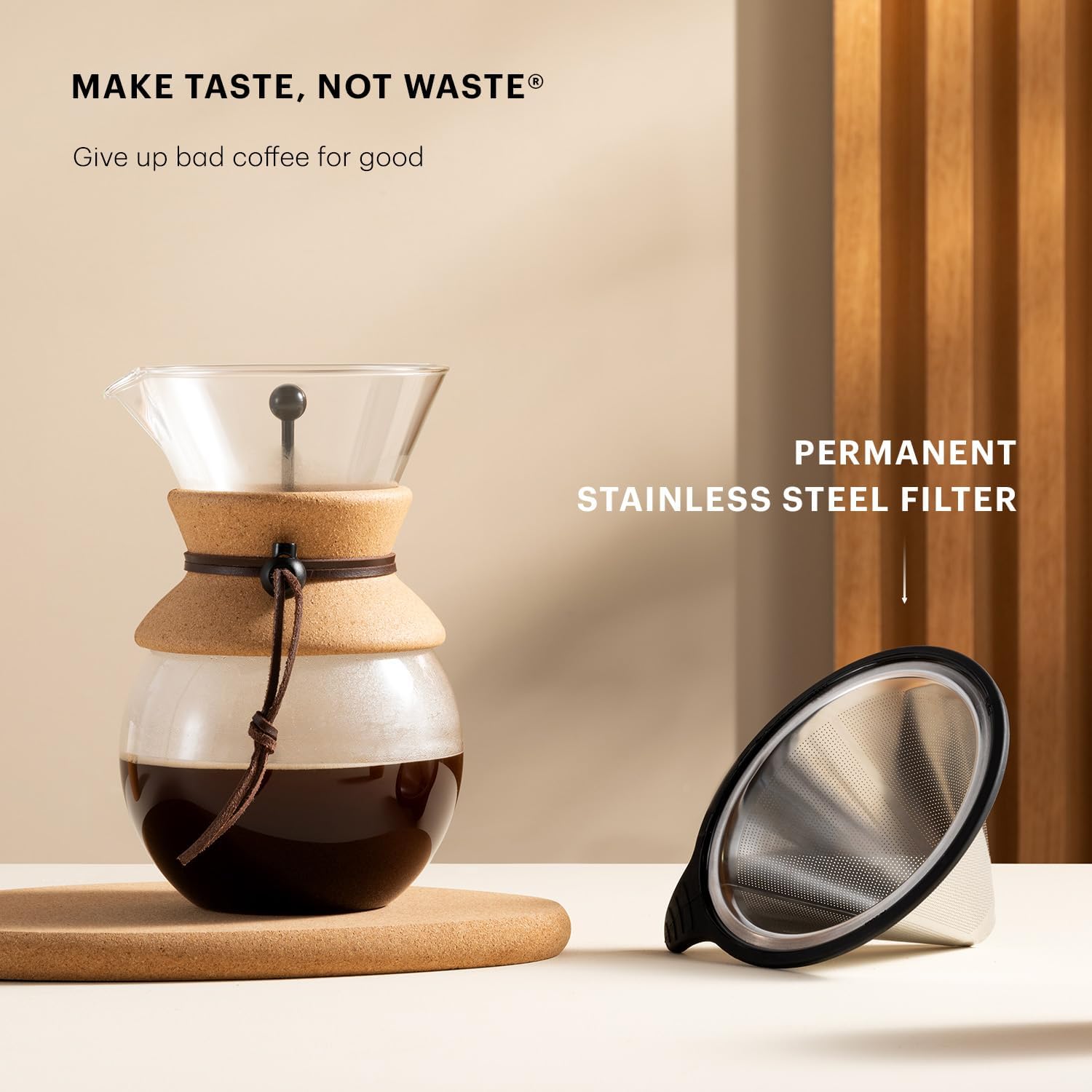 Bodum 34oz Pour Over Coffee Maker, High-Heat Borosilicate Glass with Reusable Stainless Steel Filter and Cork Grip - Made in Portugal