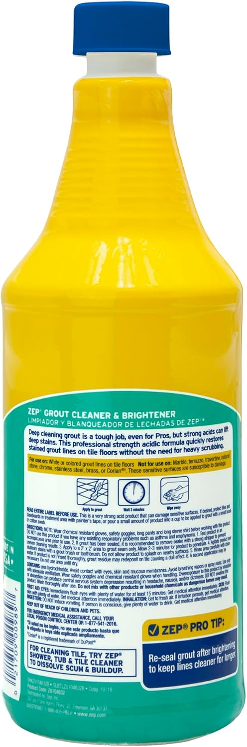 Zep Grout Cleaner and Brightener - 32 Ounce (1 Bottle) - ZU104632 - Deep Cleaning Formula Removes Old Stains From Grout