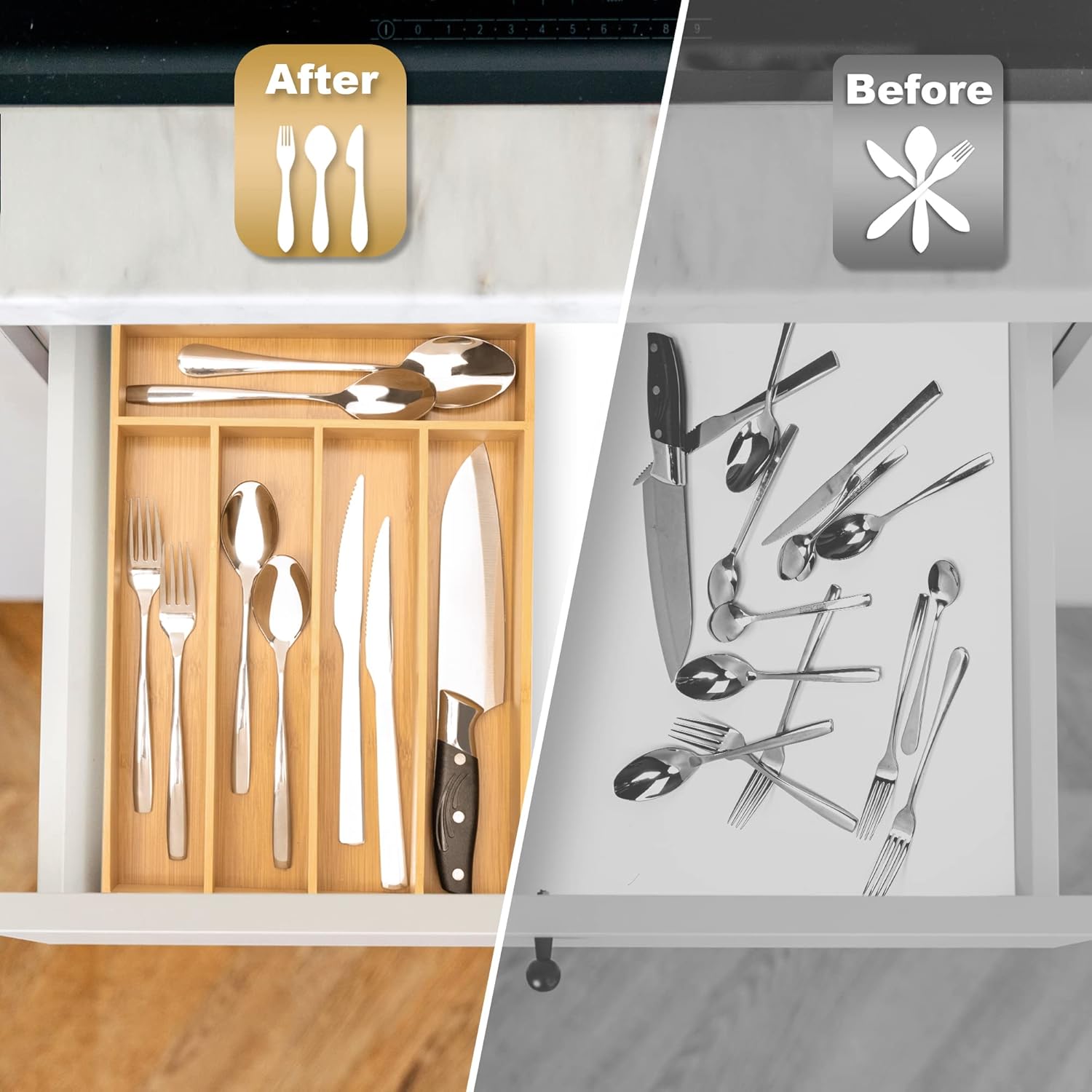 Besilord Silverware Organizer Kitchen Drawer Organizer Utensil Organizer Bamboo Silverware Holder Cutlery Organizer in Drawer Flatware Organizer Tray(5 slots, Natural