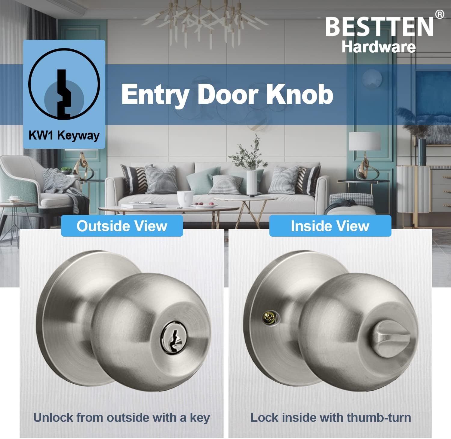 BESTTEN Keyed Entry Door Knob with Lock, Heavy Duty Interior and Exterior Door Lock, Standard Ball, Satin Nickel