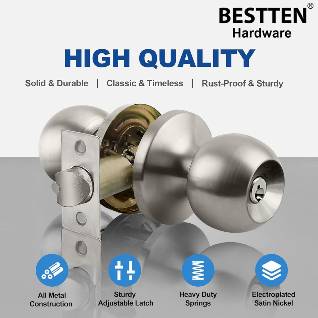BESTTEN Keyed Entry Door Knob with Lock, Heavy Duty Interior and Exterior Door Lock, Standard Ball, Satin Nickel