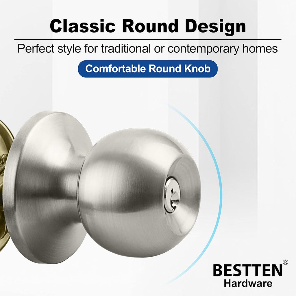 BESTTEN Keyed Entry Door Knob with Lock, Heavy Duty Interior and Exterior Door Lock, Standard Ball, Satin Nickel