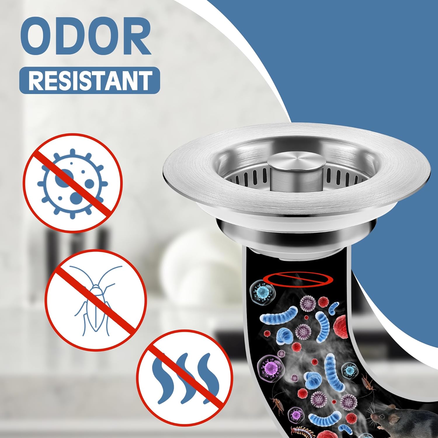 Kitchen Sink Drain Strainer 3 in 1, 304 Stainless Steel Pop Up Sink Stopper, Anti-Clogging Sink Drain Strainer for US Standard Kitchen Drain (SUS304 Brushed)