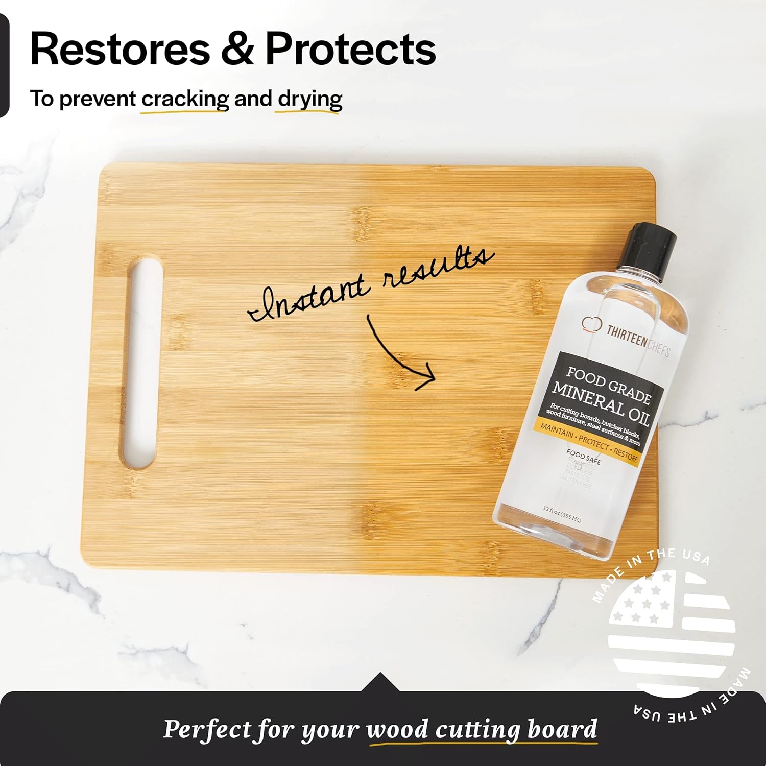Thirteen Chefs Mineral Oil - 8 oz Food Grade Conditioner for Wood Cutting Board, Countertop & Butcher Block, Lubricant for Knife or Meat Grinder - Safe USP Finish on Marble, Soapstone