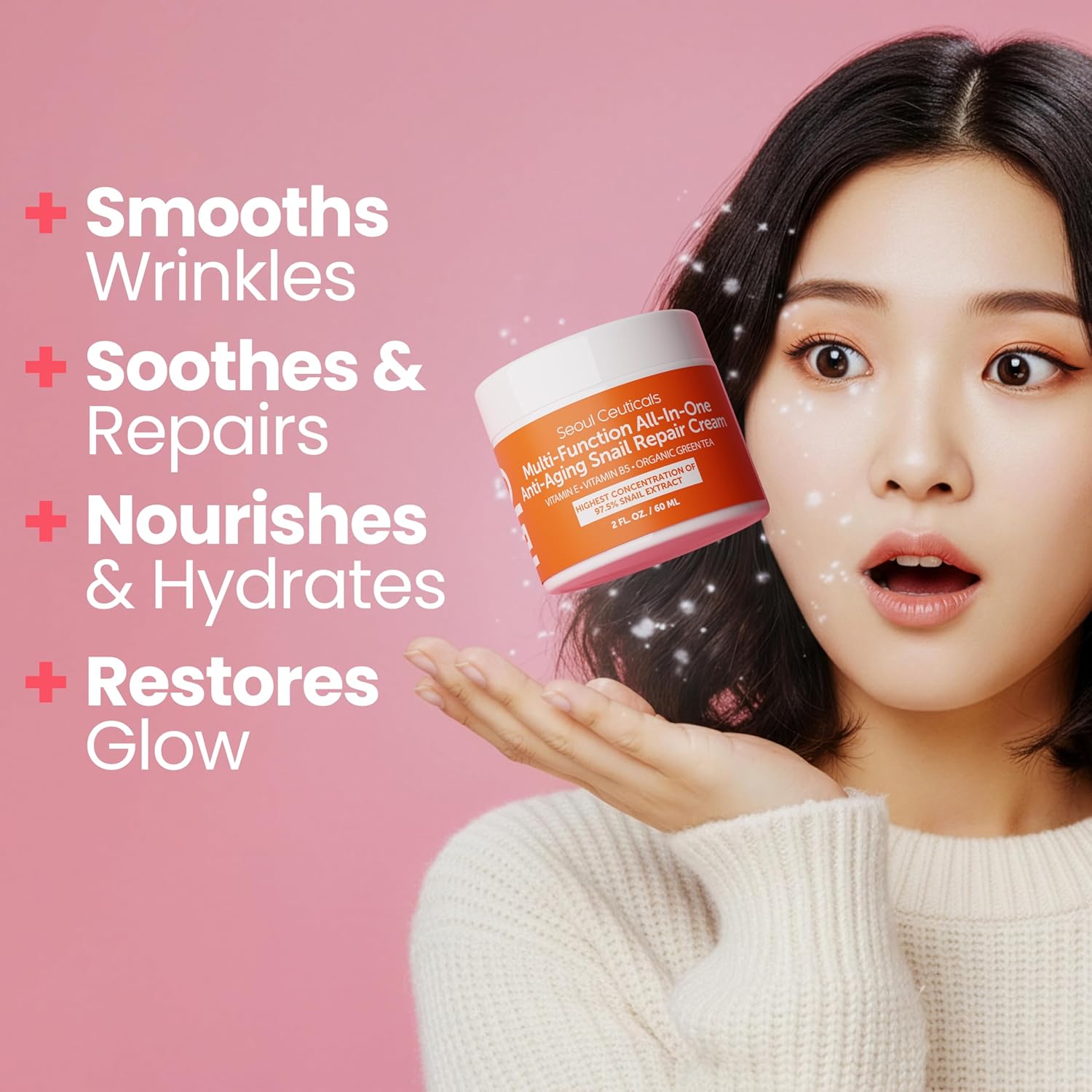 SeoulCeuticals Snail Mucin Moisturizer 97.5% - Korean Skin Care Snail Repair Cream - Day & Night Anti Aging K Beauty Skincare Cruelty Free 2oz