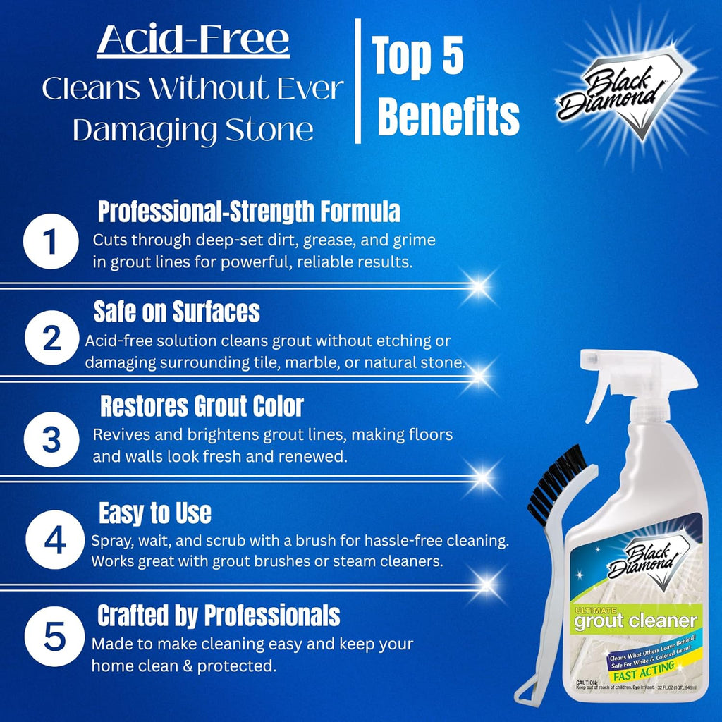 Black Diamond Ultimate Grout Cleaner: Best Cleaner for Tile,Ceramic,Porcelain, Marble Acid-Free Safe Deep Cleaner & Stain Remover for Even The Dirtiest Grout. (1-Quart/1-Brush)