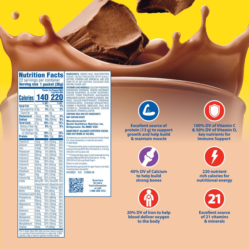 Carnation Breakfast Essentials Powder Drink Mix, Rich Milk Chocolate, 22 Count Box of 1.26 Ounce Packets