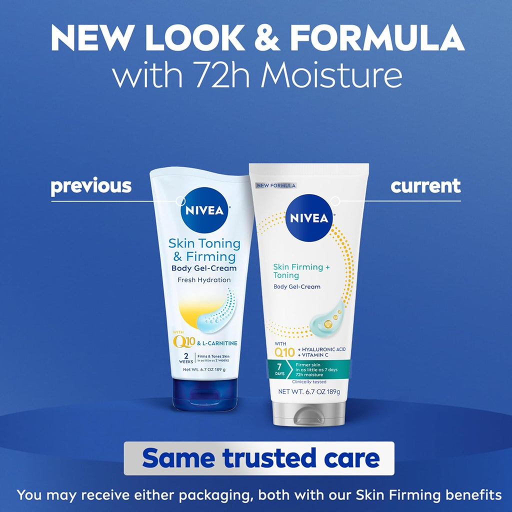 NIVEA Skin Firming & Toning Body Gel Cream with Q10, Hyaluronic Acid and Vitamin C, Clinically Tested Skin Firming & Toning Cream, 72-Hour Moisture, 6.7 Oz Tube