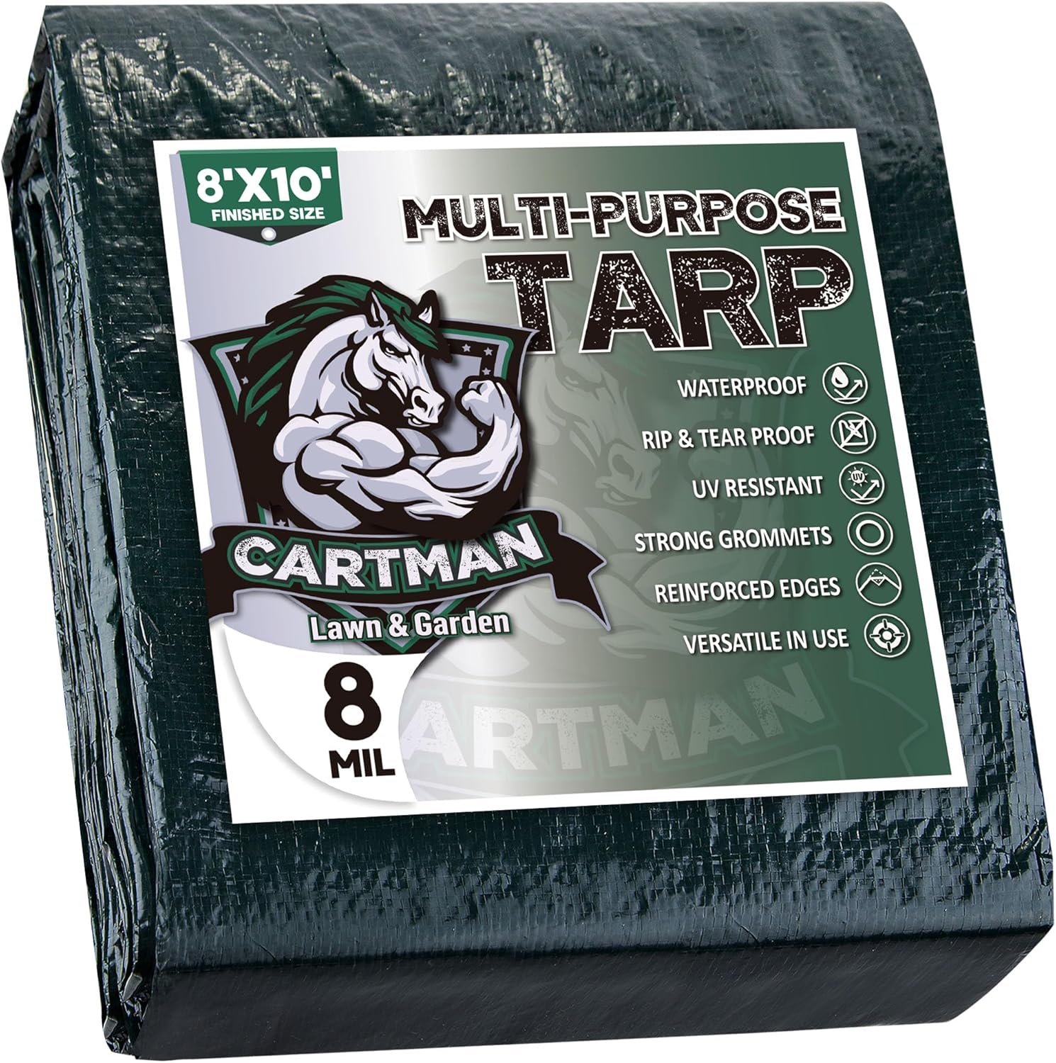 CARTMAN Finished Size 8x10 Feet Waterproof Green Tarp 8 Mil Thick, Multipurpose Protective Cover for Emergency Rain Shelter Camping Tarpaulin