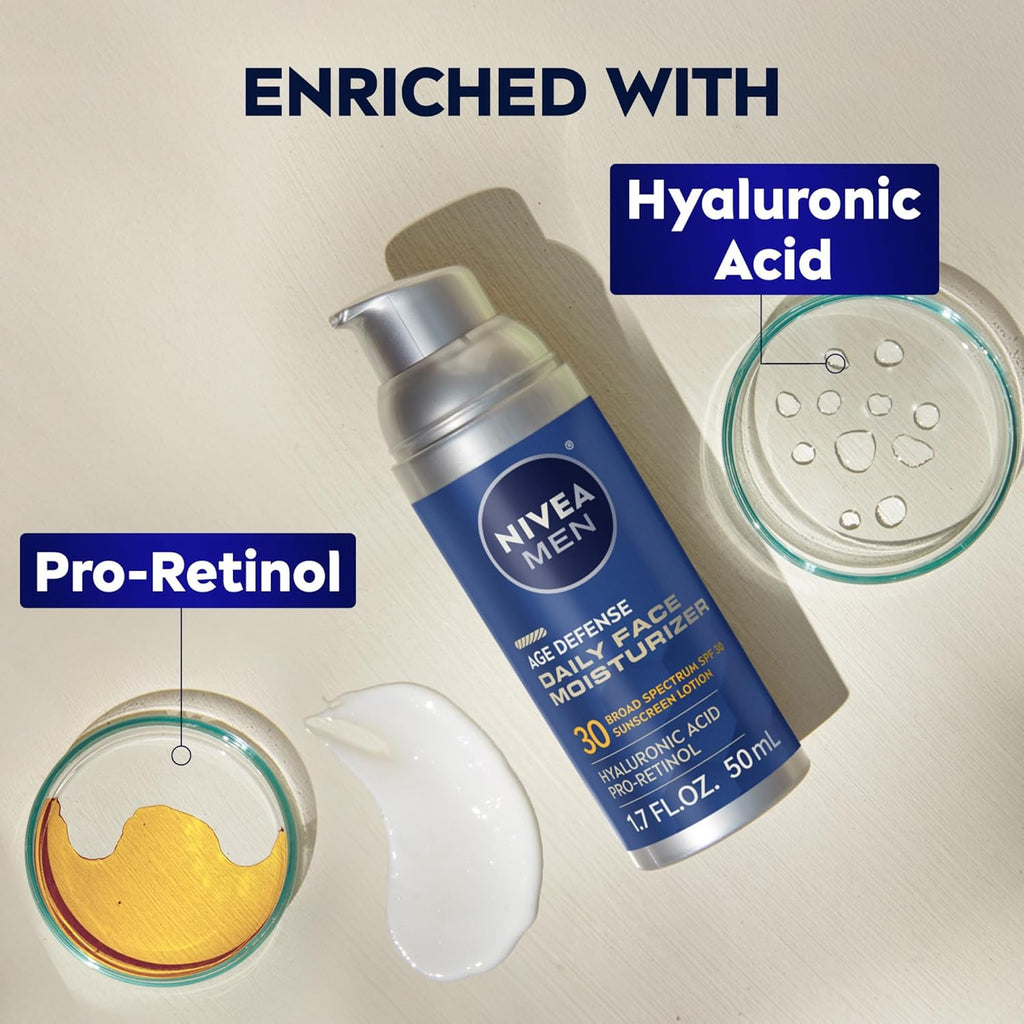 NIVEA MEN Age Defense Daily Face Moisturizer with Broad Spectrum SPF 30 Sunscreen, Pro-Retinol and Hyaluronic Acid, Beard-Friendly Face Lotion Helps Defend Against UVA/UVB Rays, 1.7 Fl Oz Bottle