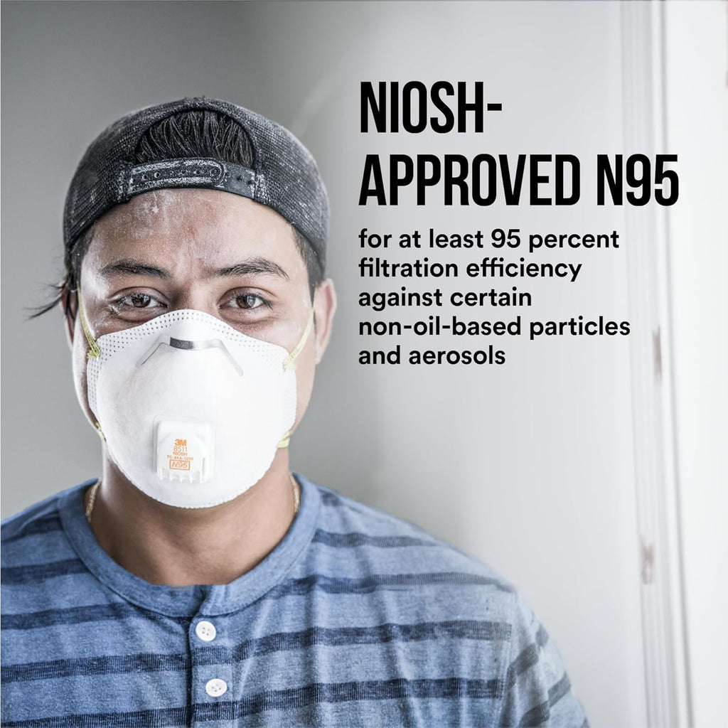 3M N95 Respirator 8511, Cool Flow Valve, 10 Pack, NIOSH-APPROVED, Advanced Filter Media For Easy Breathing, Comfortable For Long Periods Of Wear, Helps Filter Pollen, Mold Spores & Dust (8511PB1-A-PS)