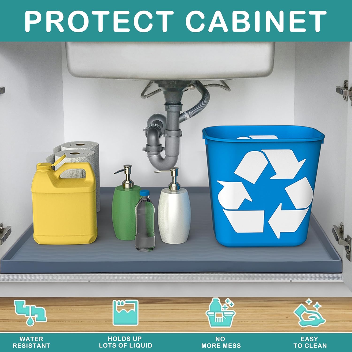 URMONA Waterproof Silicone Under Sink Mat 31'' x 22'' Shelf Liner for Kitchen and Bathroom, Cabinet and Counter Protector, Storage and Organizers, Litter Mat, Pet Cat Puppy Essentials(Dark Grey)