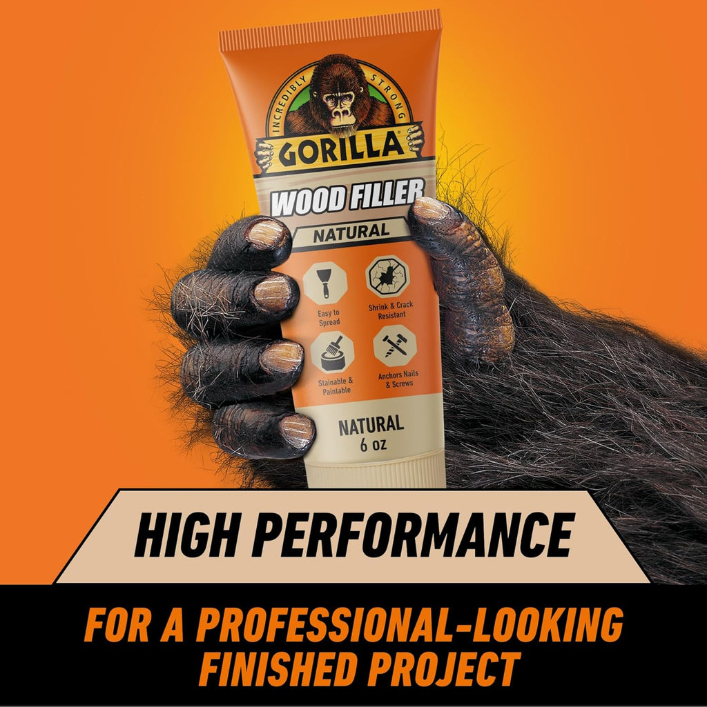 Gorilla All Purpose Wood Filler, Natural Color, 6 Ounce Tube (Pack of 1) - Water Resistant for Indoor or Outdoor Projects and Repairs