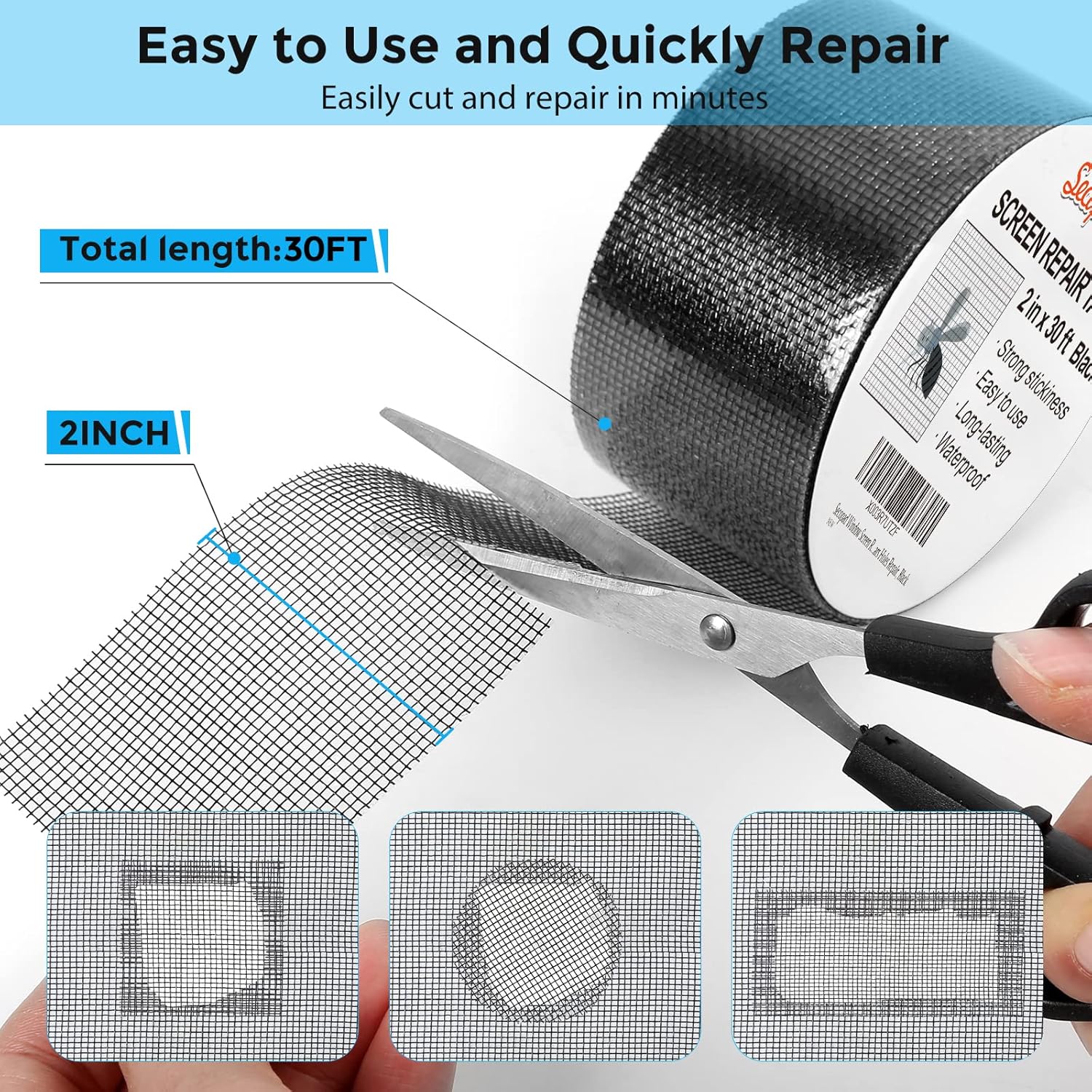 Secopad Black Window Screen Repair Tape, 2 in X 30 FT (360IN) Screen Repair Kit for Windows or Doors, Strong Adhesive Fiberglass Mesh Patch Tape