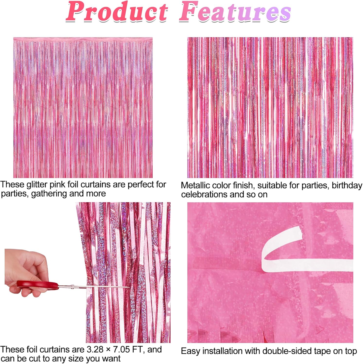 2 Pack Glitter Pink Backdrop, 3.28 FT x 7.05 FT Birthday Party Decorations, Laser Pink Fringe Curtains Foil Streamer Tinsel, Pink Curtains Photo Backdrop Happy Birthday Valentines Day Backdrop