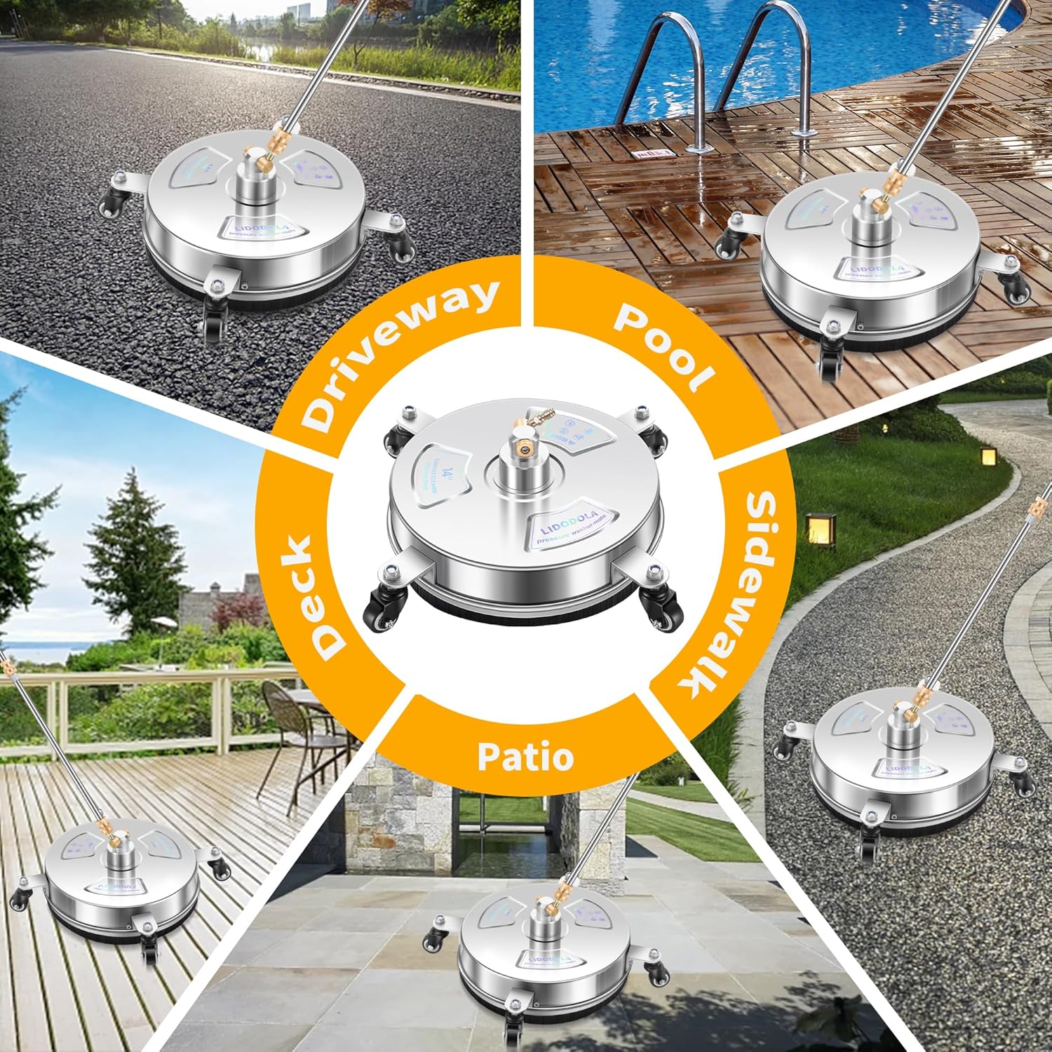 14" Pressure Washer Surface Cleaner with 4 Wheels - Stainless Steel Surface Cleaner for Pressure Washer Attachment for Concrete, Patio, Sidewalk, Deck and Driveways - PWS14